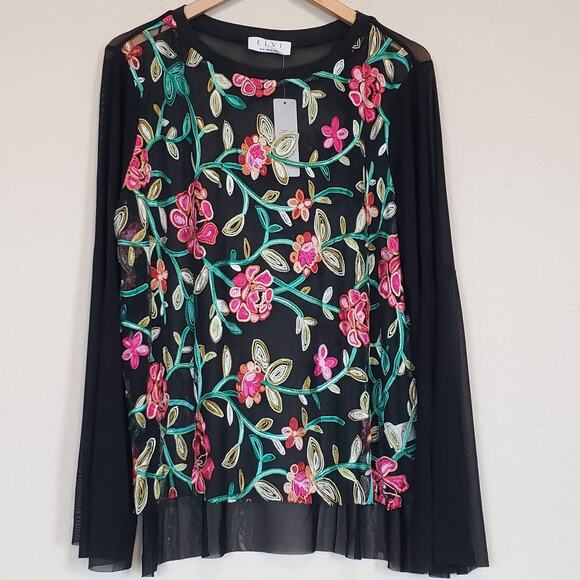 Elvi Black & Pink Flower Embroidered Long Bell Sleeve Mesh Sheer Blouse Plus 14 - Picture 2 of 8